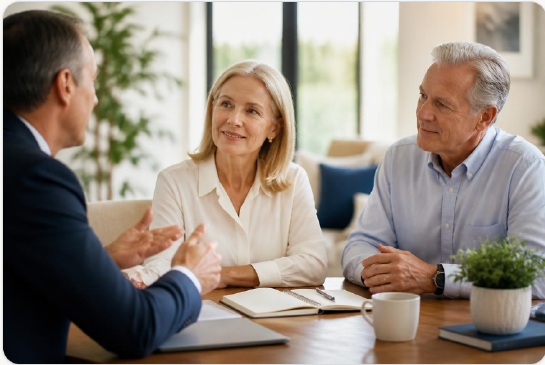 Financial professional speaking with a mature couple