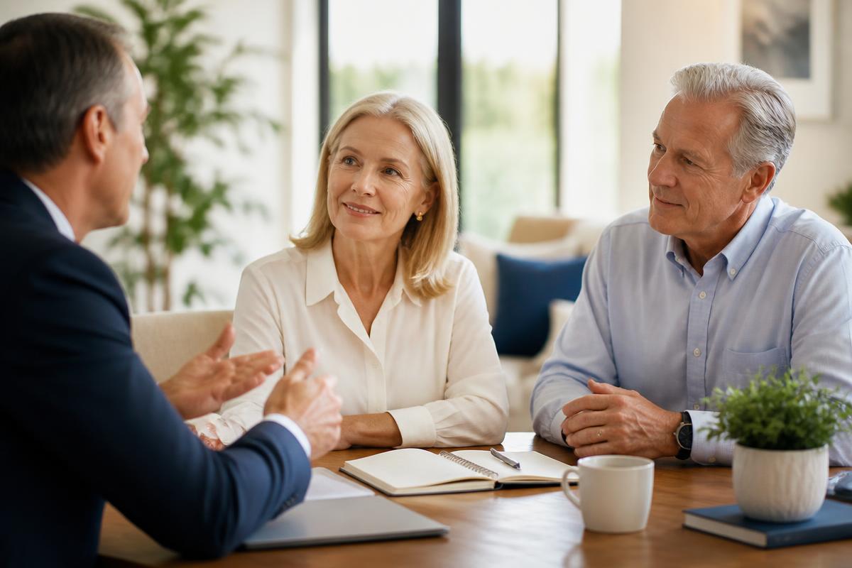 A calm, professional financial guidance conversation in a bright, welcoming office